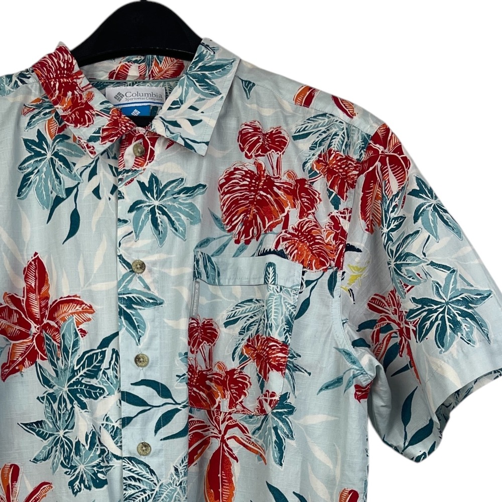 Columbia Button Down Shirt Mens M Blue Floral Marlin Fish Cotton AOP Aloha